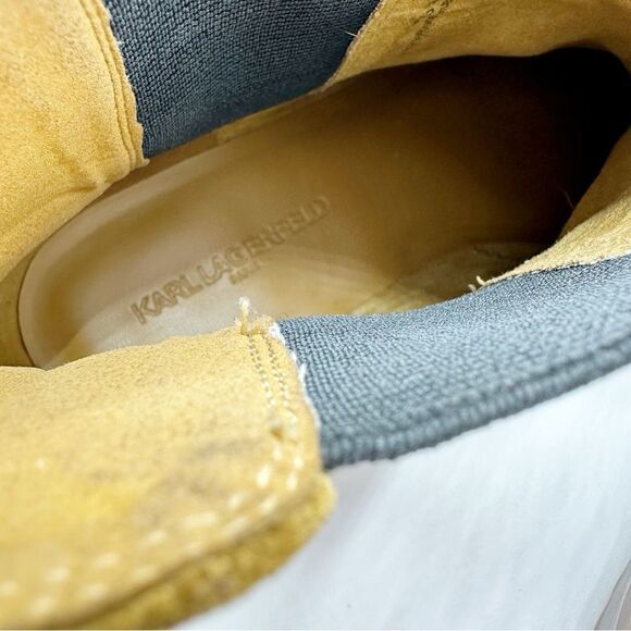 KARL LAGERFELD PARIS Tan Suede Pola Pearl Studded Chelsea Boots Lug Sole Sz 9M - Picture 11 of 14